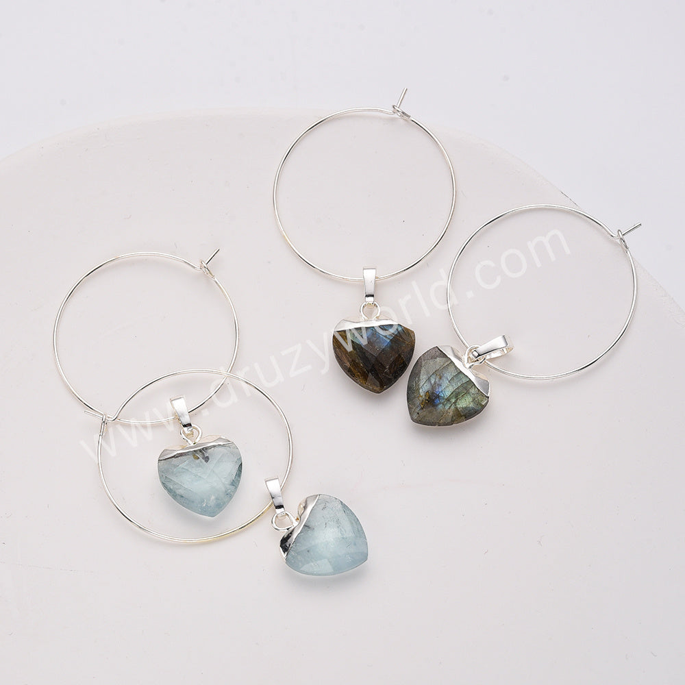 Heart Aquamarine Gemstone Faceted Hoop Dangle Earrings Silver Plated Jewelry AL810