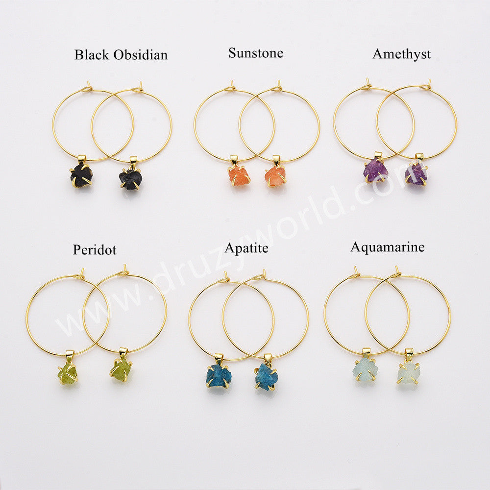 Gold Claw Raw Rainbow Gemstone 30mm Hoop Earrings, Birthstone Dangle Earrings For Women AL822
