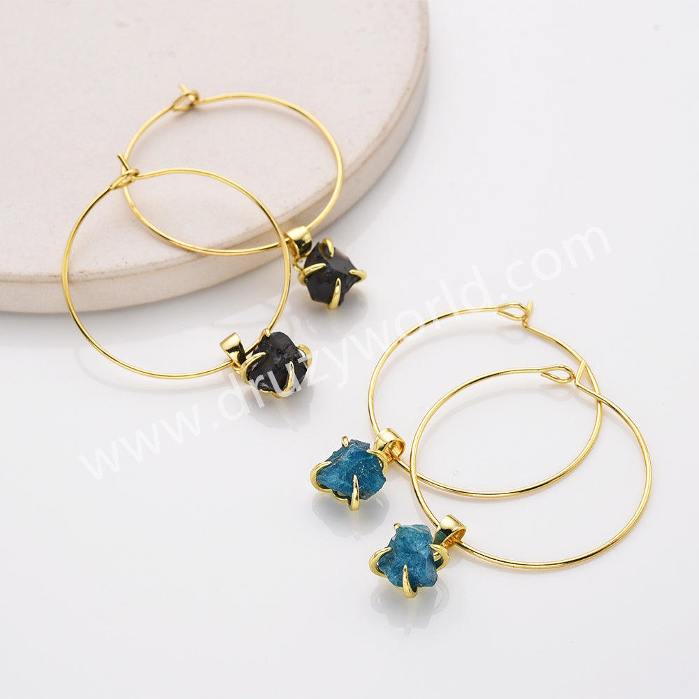 Gold Claw Tiny Raw Crystal Gemstone Dangle Earrings 30mm Hoop Birthstone Earrings For Women AL822