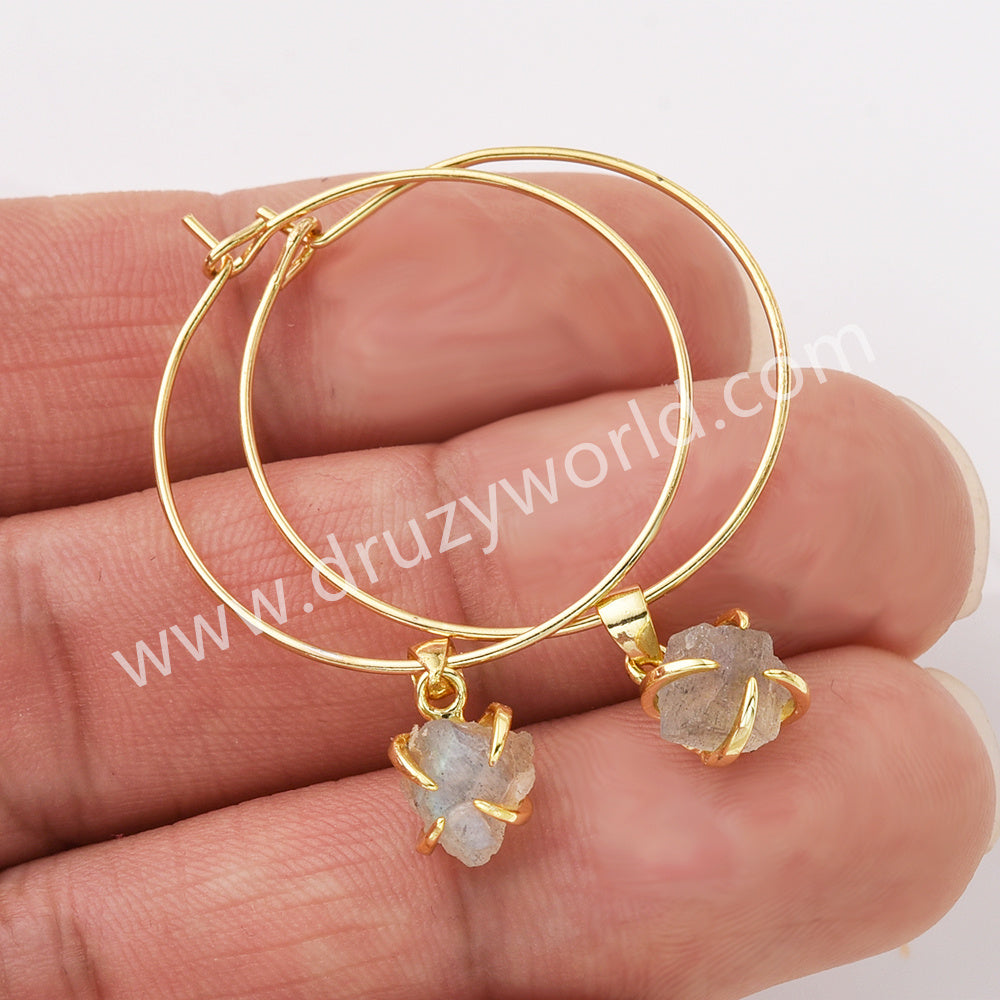 Gold Claw Tiny Raw Crystal Gemstone Dangle Earrings 30mm Hoop Birthstone Earrings For Women AL822