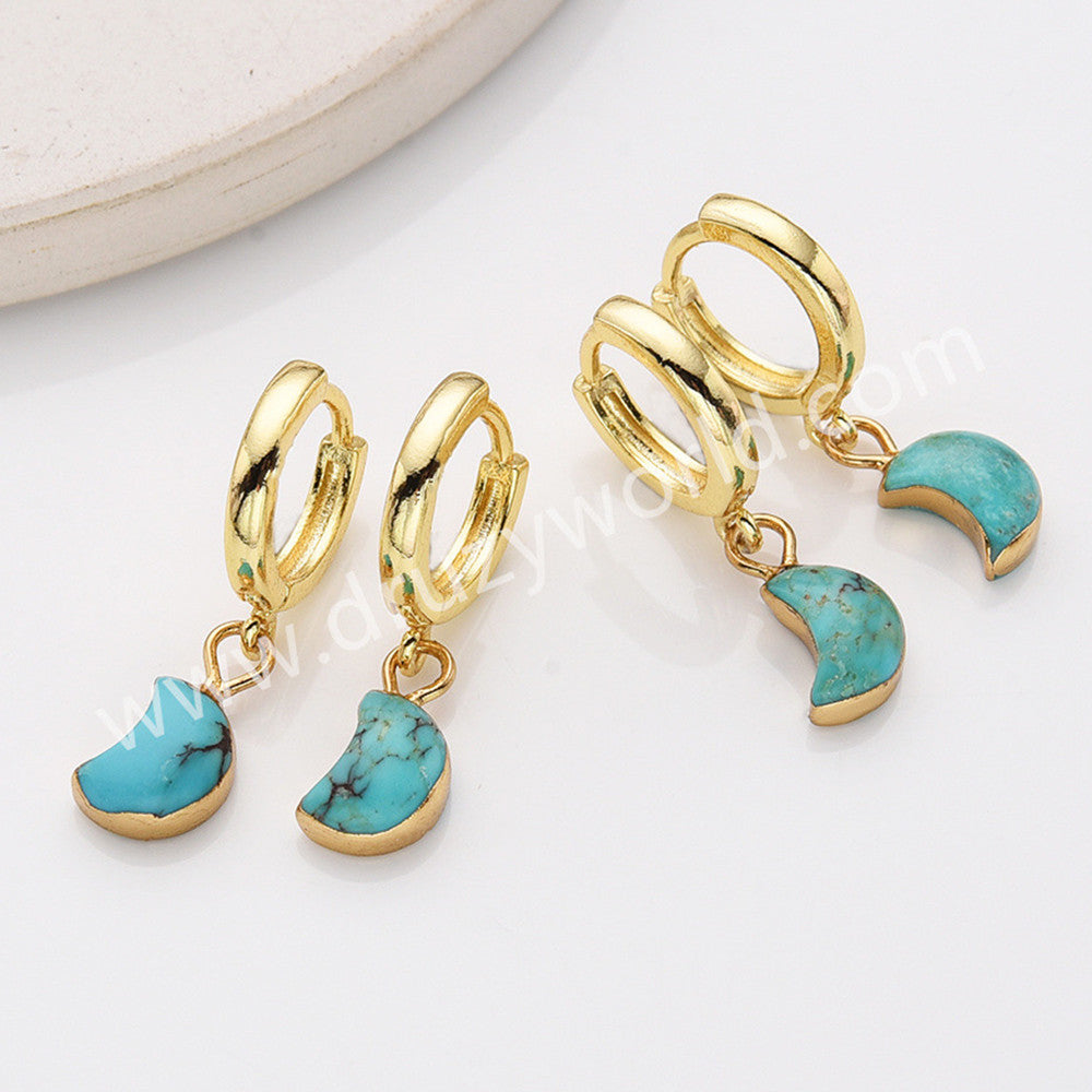Gold Plated Tiny Moon Natural Pure Turquoise Crescent Hoop Dangle Earrings AL823
