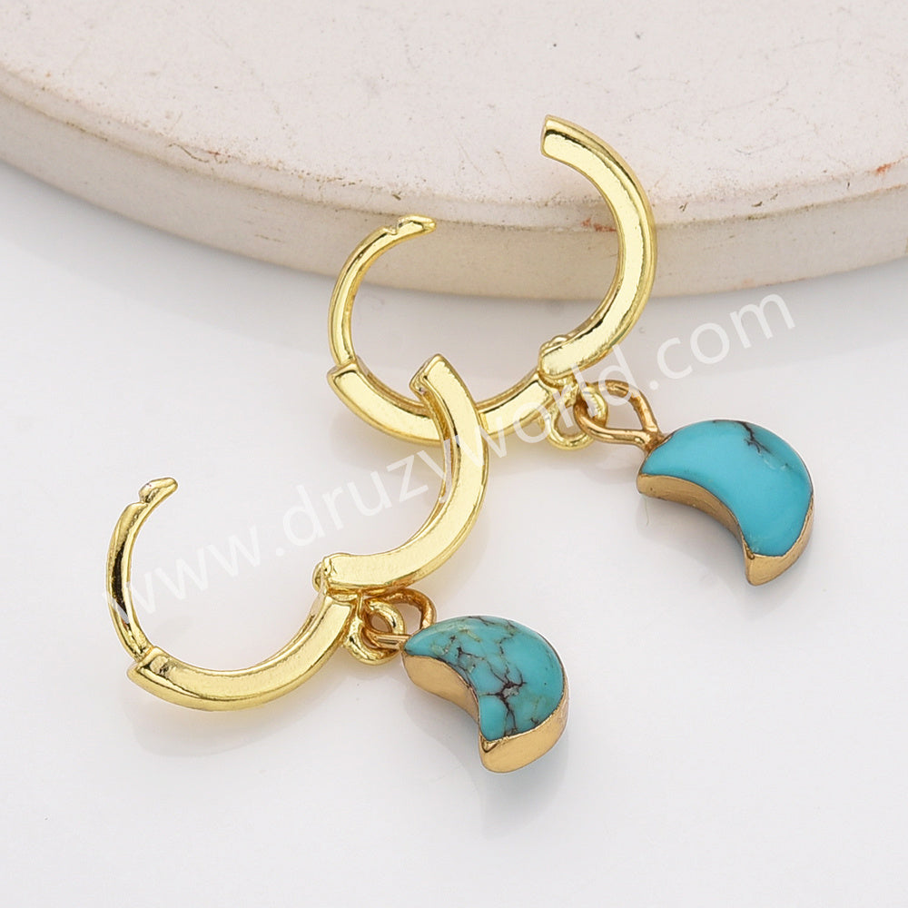 Gold Plated Tiny Moon Natural Pure Turquoise Crescent Hoop Dangle Earrings AL823