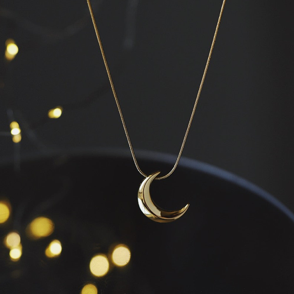 18" Gold Solid Crescent Moon Snake Chain Necklace Titanium Steel 18k Gold Plated AL834