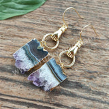 Gold Plated Hand Raw Amethyst Agate Druzy Slice Dangle Earrings AL838