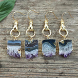 Gold Plated Hand Raw Amethyst Agate Druzy Slice Dangle Earrings AL838