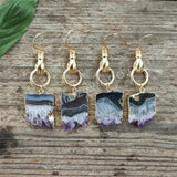 Gold Plated Hand Raw Amethyst Agate Druzy Slice Dangle Earrings AL838