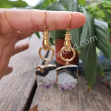 Gold Plated Hand Raw Amethyst Agate Druzy Slice Dangle Earrings AL838