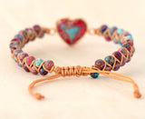 Rainbow Imperial Stone Labradorite Rhodonite Heart Beaded Bracelet, Wire Wrap Double Layers, Handmade Boho Jewelry AL840