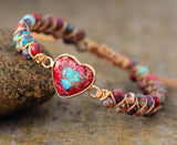 Rainbow Imperial Stone Labradorite Rhodonite Heart Beaded Bracelet, Wire Wrap Double Layers, Handmade Boho Jewelry AL840