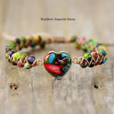 Rainbow Imperial Stone Labradorite Rhodonite Heart Beaded Bracelet, Wire Wrap Double Layers, Handmade Boho Jewelry AL840