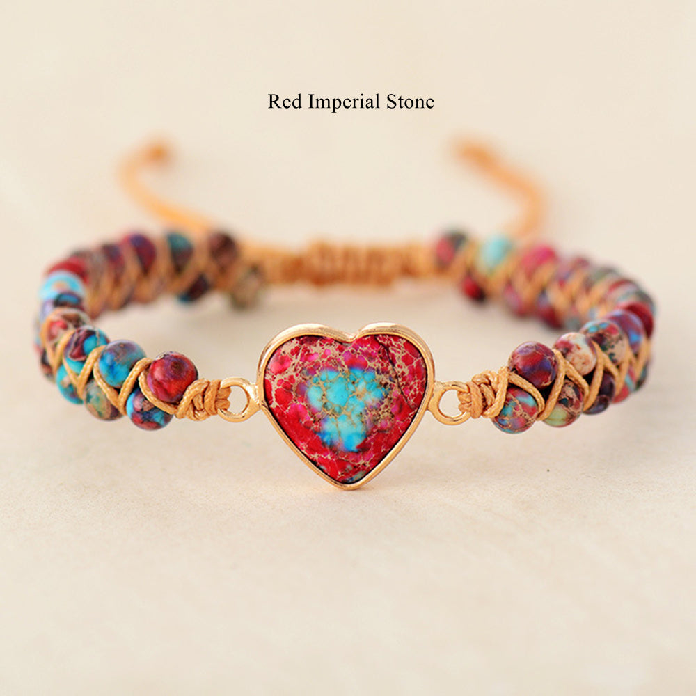 Rainbow Imperial Stone Labradorite Rhodonite Heart Beaded Bracelet, Wire Wrap Double Layers, Handmade Boho Jewelry AL840