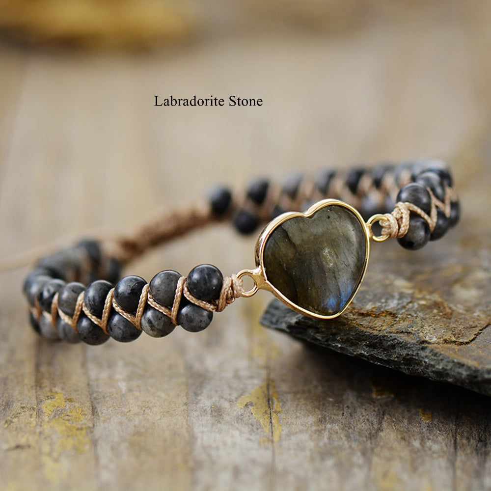 Rainbow Imperial Stone Labradorite Rhodonite Heart Beaded Bracelet, Wire Wrap Double Layers, Handmade Boho Jewelry AL840