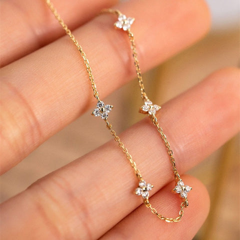 Dainty 925 Sterling Silver Four Leaf Clover Bracelet Zircon Bracelet, 18k Gold Plated, Lucky Lady Fashion Jewelry AL849