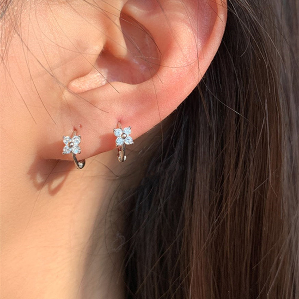 925 Sterling Silver Four Leaf Clover Hoop Earrings Zircon Earring, Lucky Lady Fashion Jewelry AL852