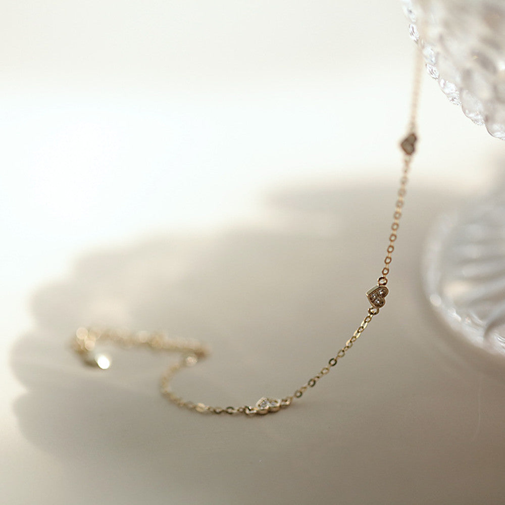 925 Sterling Silver Three Zircon Heart Bracelet, Dainty CZ Necklace, Fashion Love Jewelry AL860