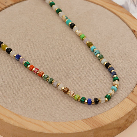 Bohemian 16" Rainbow Natural Stones Coin Beads Necklace, Handmade Boho Summer Jewelry AL866