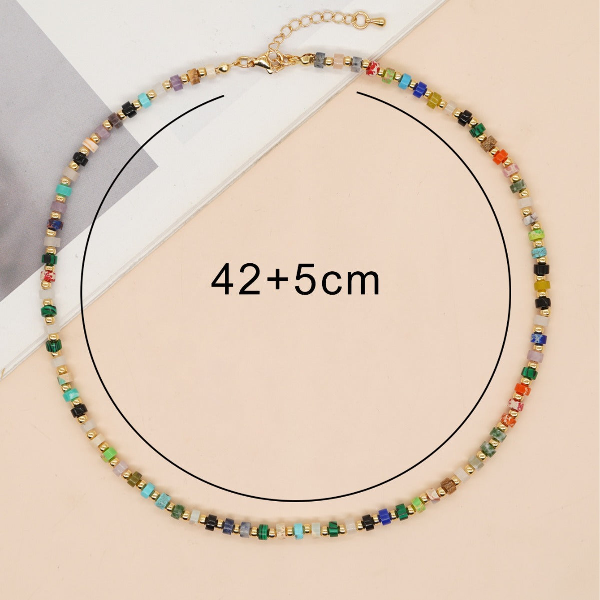 Bohemian 16" Mulit Natural Stones Coin Beads Necklace, Handmade Boho Summer Jewelry AL866