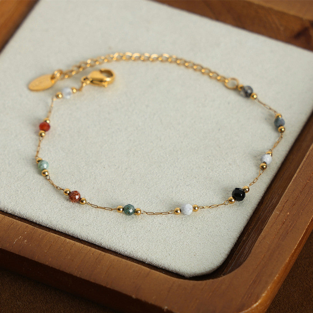 Rainbow Natural Stones Bead Gold Chain Bracelet, Stainless Steel Rosary Necklace Jewelry AL871