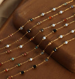 Rainbow Natural Stones Bead Gold Chain Bracelet, Stainless Steel Rosary Necklace Jewelry AL871