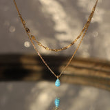 Bule Tear Necklace Manmade Opal Aqua Blue Water Drop Flash Double Layer Necklace, Stainless Steel AL873