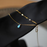 Bule Tear Necklace Manmade Opal Aqua Blue Water Drop Flash Double Layer Necklace, Stainless Steel AL873