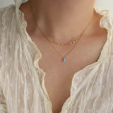 Bule Tear Necklace Manmade Opal Aqua Blue Water Drop Flash Double Layer Necklace, Stainless Steel AL873