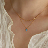 Bule Tear Necklace Manmade Opal Aqua Blue Water Drop Flash Double Layer Necklace, Stainless Steel AL873