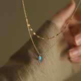 Bule Tear Necklace Manmade Opal Aqua Blue Water Drop Flash Double Layer Necklace, Stainless Steel AL873