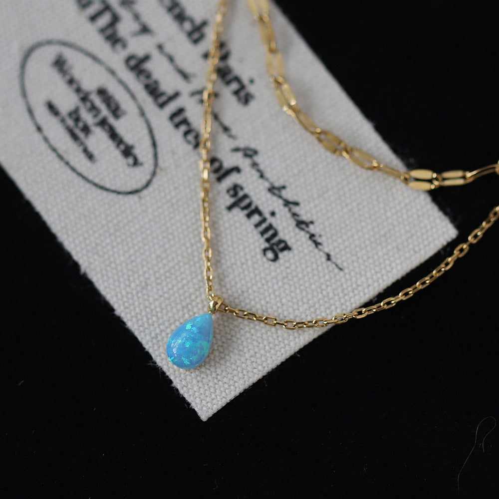 blue opal teardrop necklace, stainless steel necklace