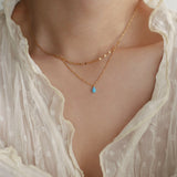 Bule Tear Necklace Manmade Opal Aqua Blue Water Drop Flash Double Layer Necklace, Stainless Steel AL873