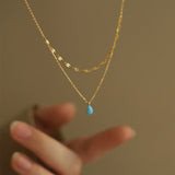 Bule Tear Necklace Manmade Opal Aqua Blue Water Drop Flash Double Layer Necklace, Stainless Steel AL873