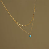 Bule Tear Necklace Manmade Opal Aqua Blue Water Drop Flash Double Layer Necklace, Stainless Steel AL873