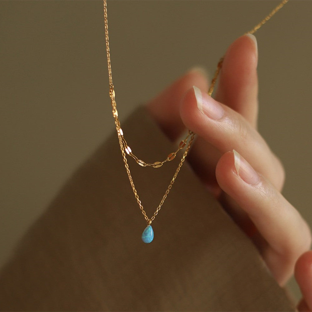 blue opal teardrop necklace, stainless steel necklace