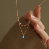 Bule Tear Necklace Manmade Opal Aqua Blue Water Drop Flash Double Layer Necklace, Stainless Steel AL873