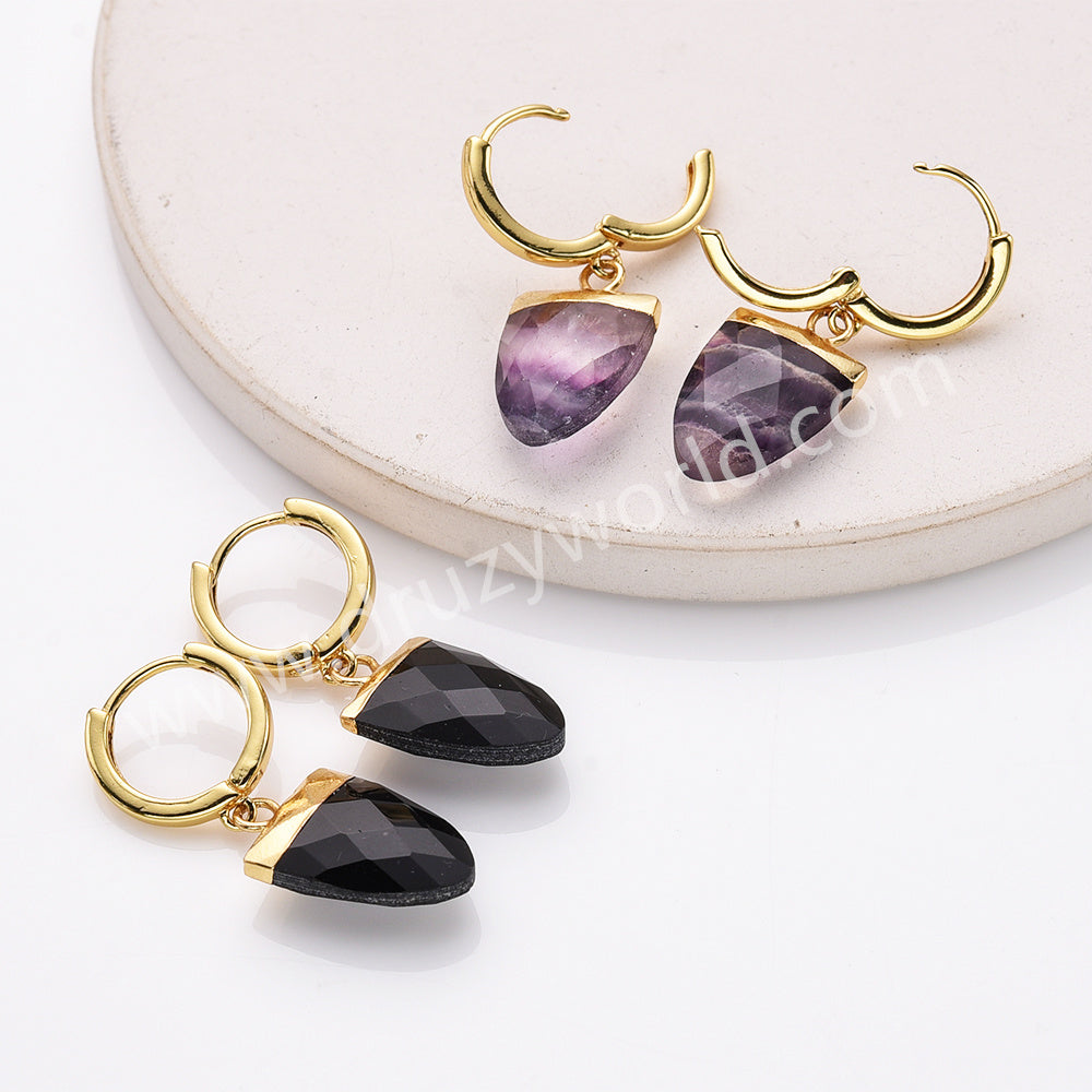 Shield Gold Plated Boho Gemstone Hoop Earrings, Faceted Drop Turquoise Black Obsidian Fluorite Jewelry Earrings AL875