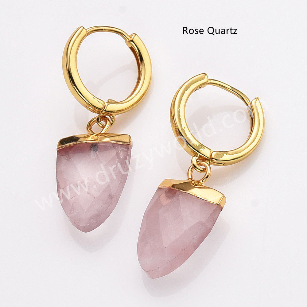 Shield rose quartz earrings, Gold Plated Boho Gemstone Hoop Earrings, Faceted Drop Turquoise Black Obsidian Fluorite Jewelry Earrings AL875
