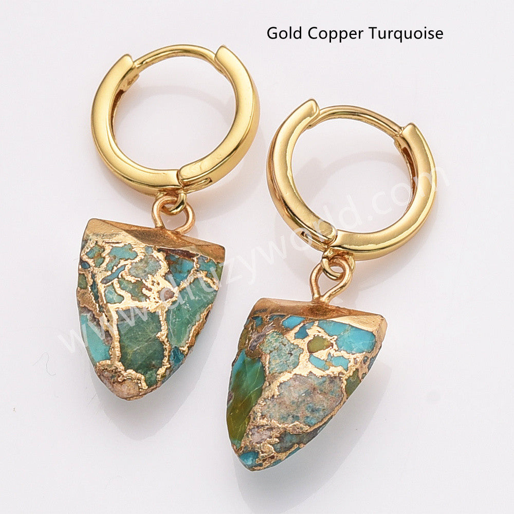 Shield Gold Plated Boho Gemstone Hoop Earrings, Faceted Drop Turquoise Black Obsidian Fluorite Jewelry Earrings AL875