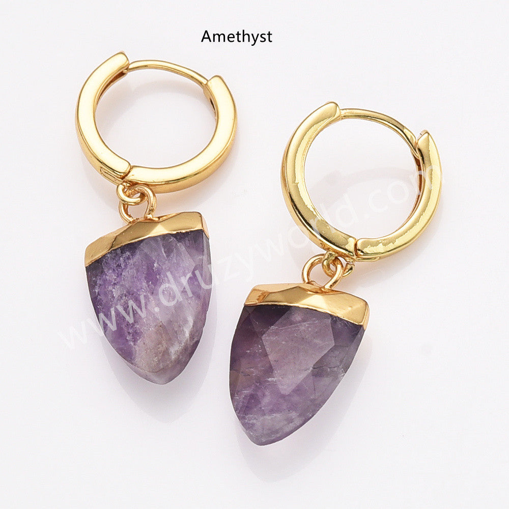 Shield amethyst earrings, Gold Plated Boho Gemstone Hoop Earrings, Faceted Drop Turquoise Black Obsidian Fluorite Jewelry Earrings AL875