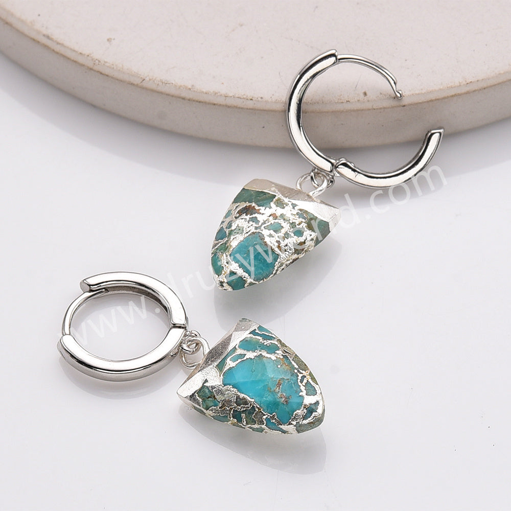 Shield Silver Plated Boho Copper Turquoise Gemstone Jewelry Unique Drop Turquoise Hoop Earrings AL876
