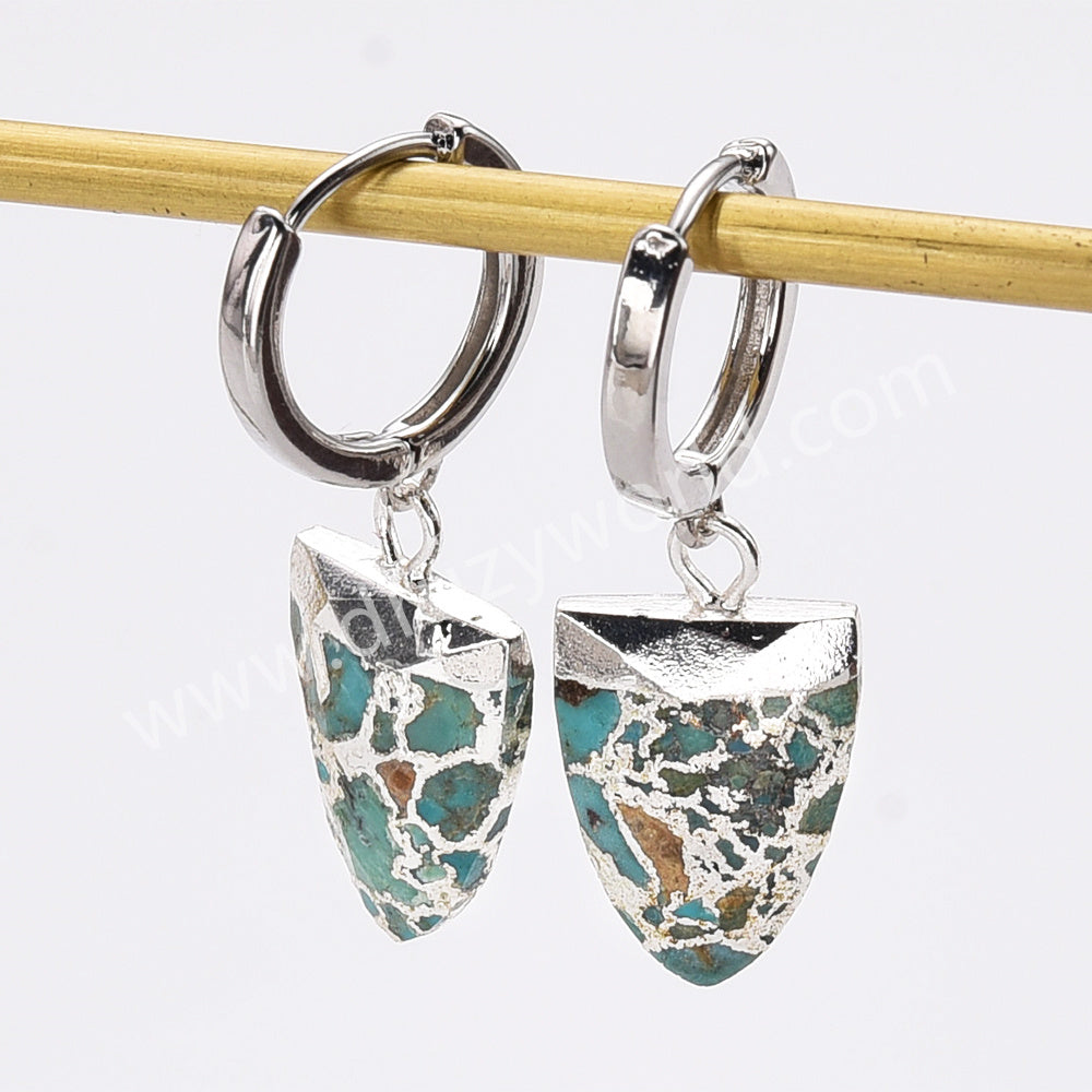 Shield Silver Plated Boho Copper Turquoise Gemstone Jewelry Unique Drop Turquoise Hoop Earrings AL876