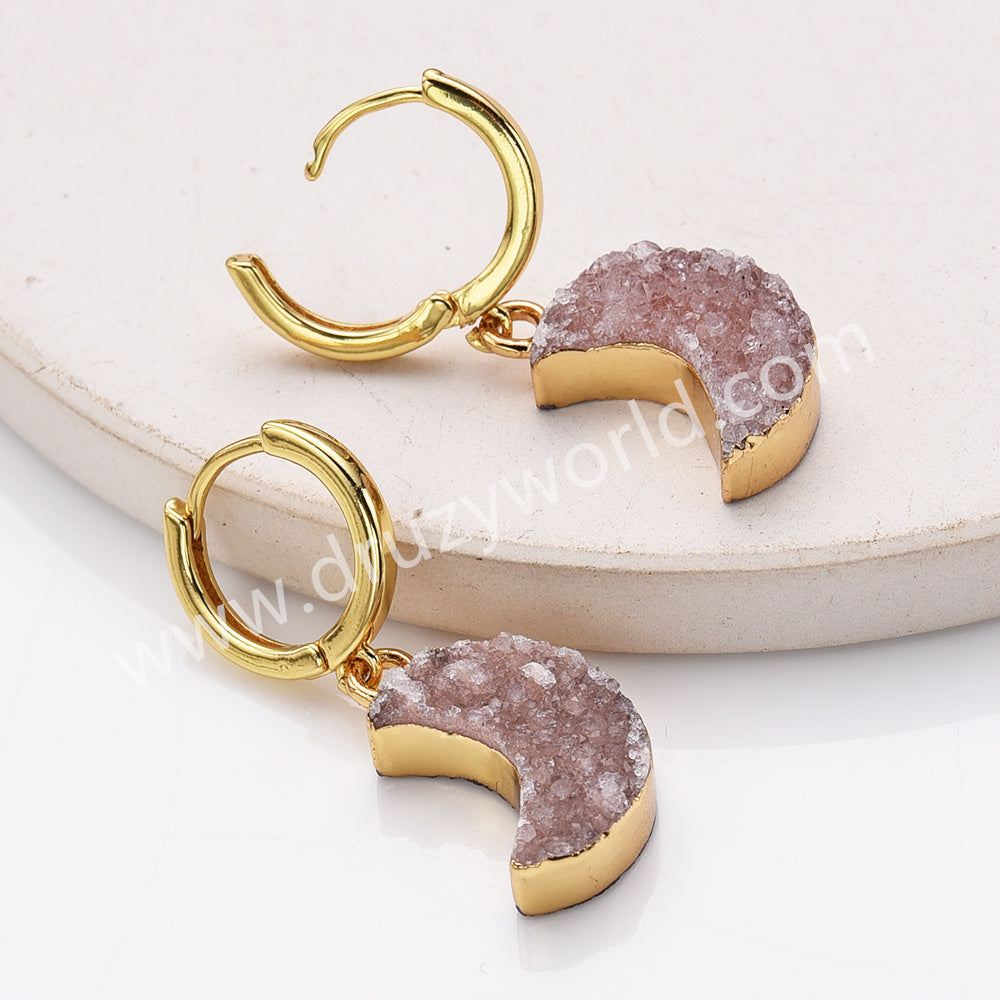 druzy moon earrings, druzy crescent earrings, agate geode hoop earrings