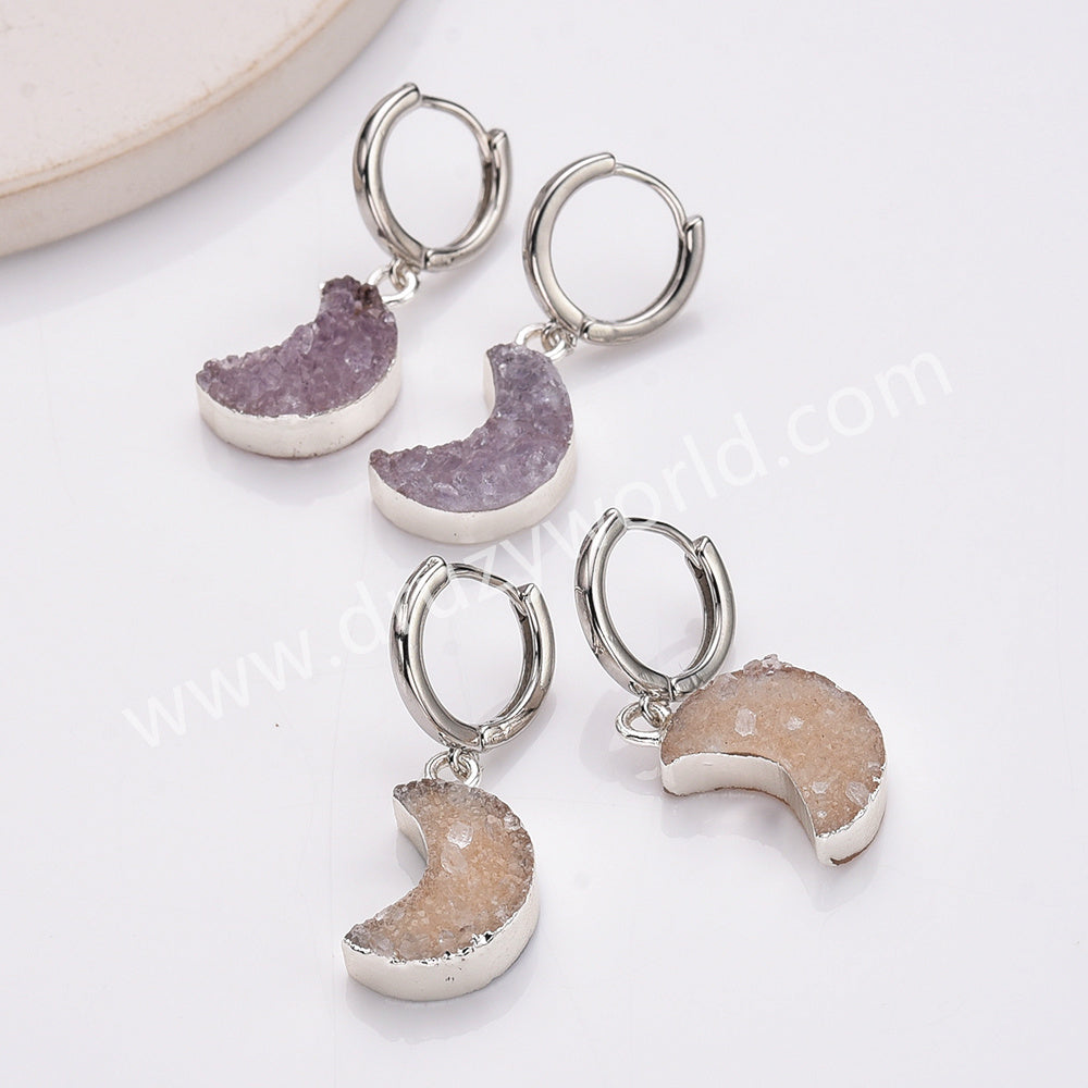 silver druzy moon earrings, agate geode moon earrings, hoop earrings