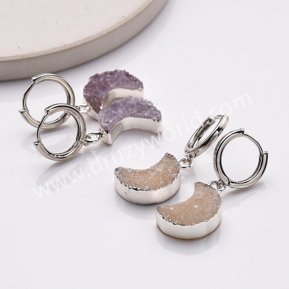 silver druzy moon earrings, agate geode moon earrings, hoop earrings