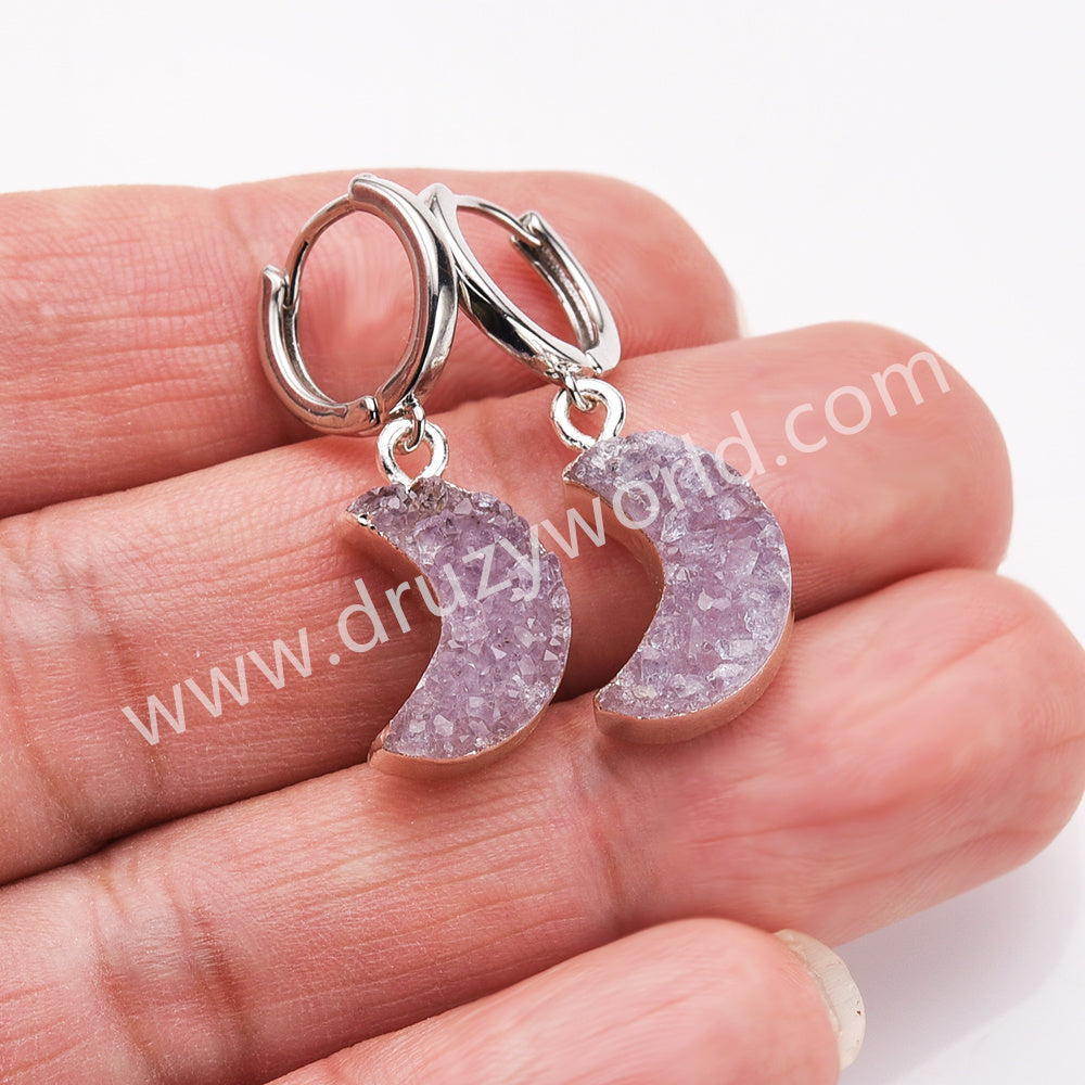 silver druzy moon earrings, agate geode moon earrings, hoop earrings