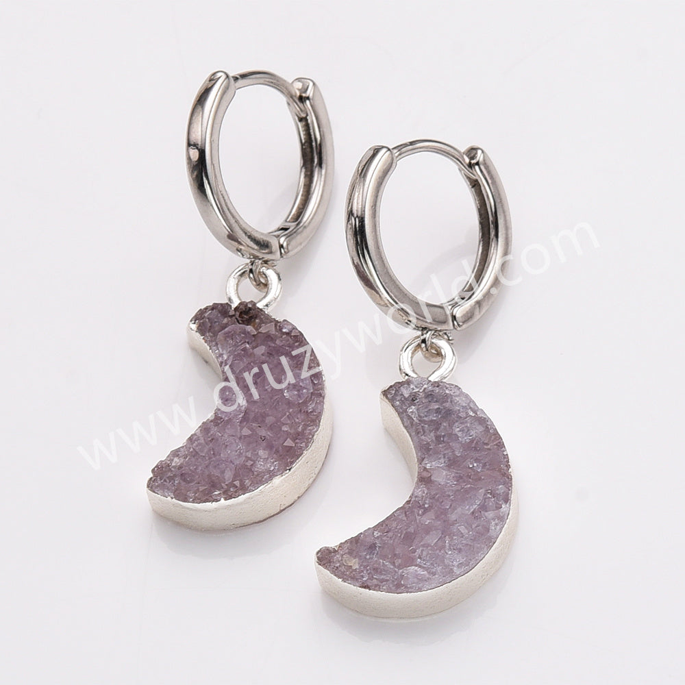 silver druzy moon earrings, agate geode moon earrings, hoop earrings