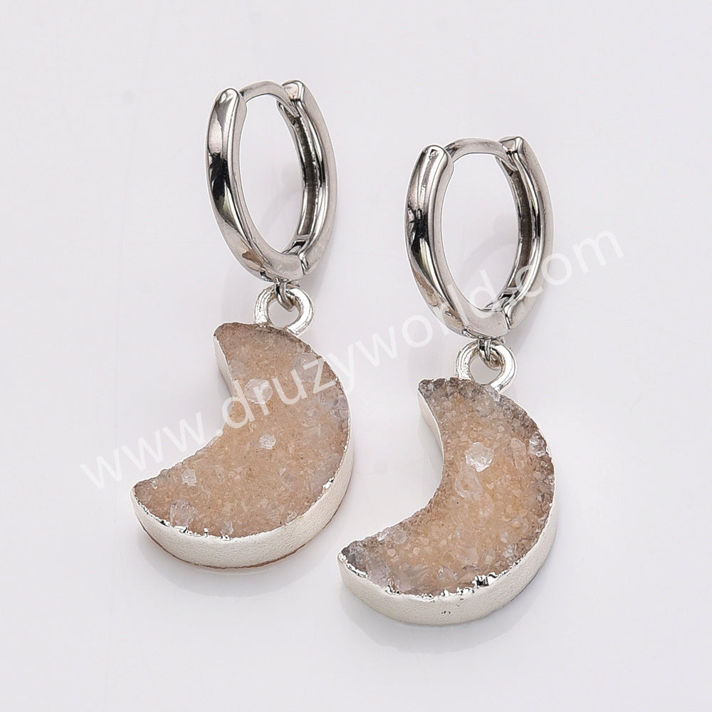 silver druzy moon earrings, agate geode moon earrings, hoop earrings