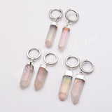 Silver Plated Raw Titanium Light AB White Aura Quartz Crystal Point Hoop Earrings AL880