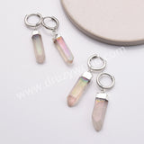 Silver Plated Raw Titanium Light AB White Aura Quartz Crystal Point Hoop Earrings AL880