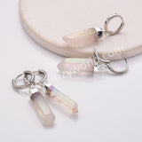 Silver Plated Raw Titanium Light AB White Aura Quartz Crystal Point Hoop Earrings AL880