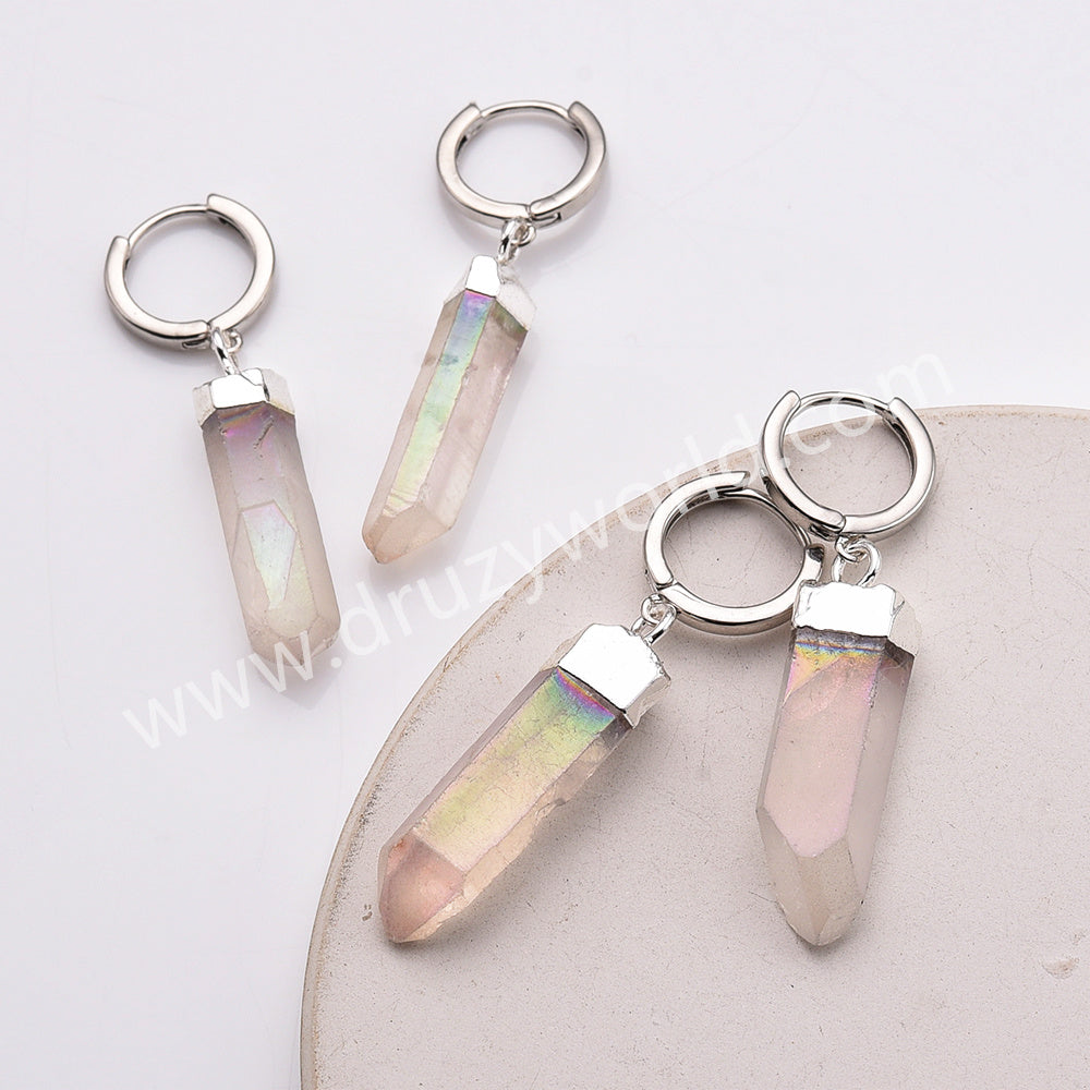 Silver Plated Raw Titanium Light AB White Aura Quartz Crystal Point Hoop Earrings AL880